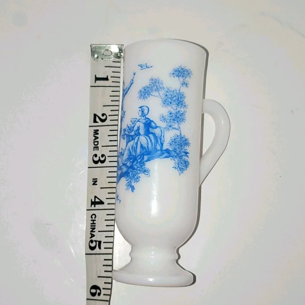 VINTAGE AVON Irish Coffee Mug White Milkglass With Blue Victorian Design 5.5